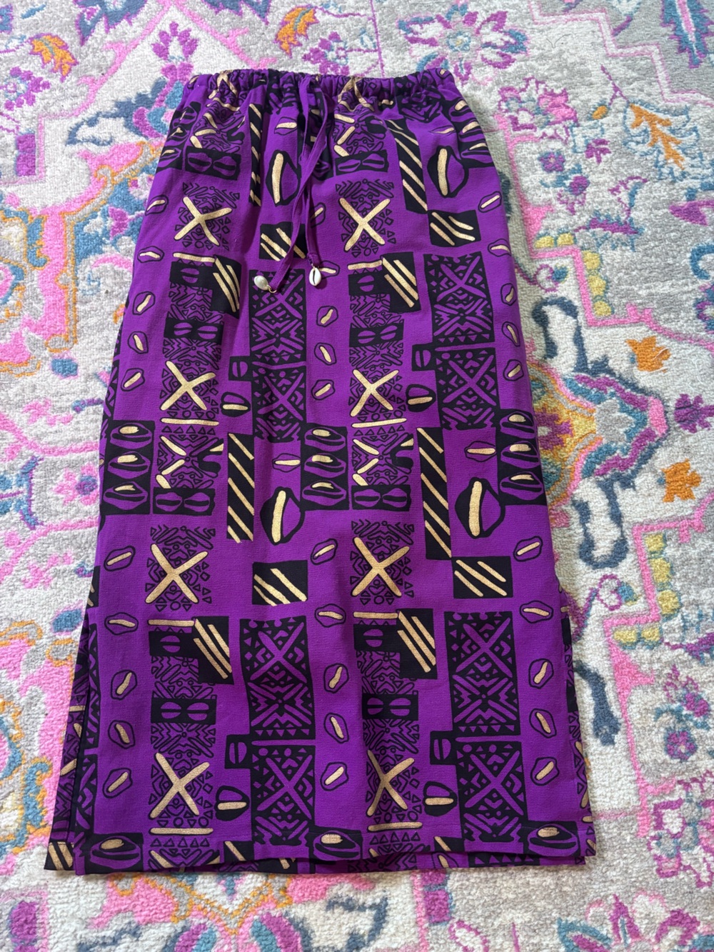 ASHRO Purple Metallic Gold Cotton Maxi Skirt India Shell Drawstring dopamine
